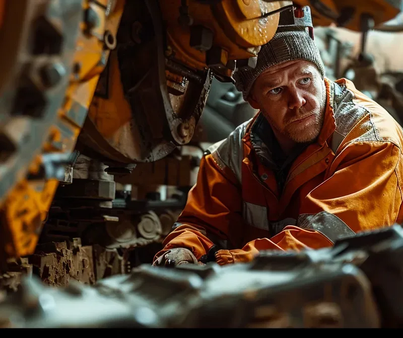 a mechanic inspecting a heavy-duty trencher with a determined expression, surrounded by tools and parts.